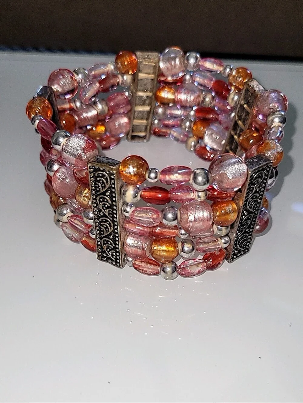 Pink Amber Multi Strand Beaded Stretch Cuff Bracelet Boho Statement